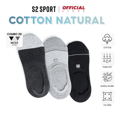 COMBO 3 Đôi tất, vớ lười nam S2 SPORT chất cotton nano Ag+ khử khuẩn silicon chống tuột gót - MC03
