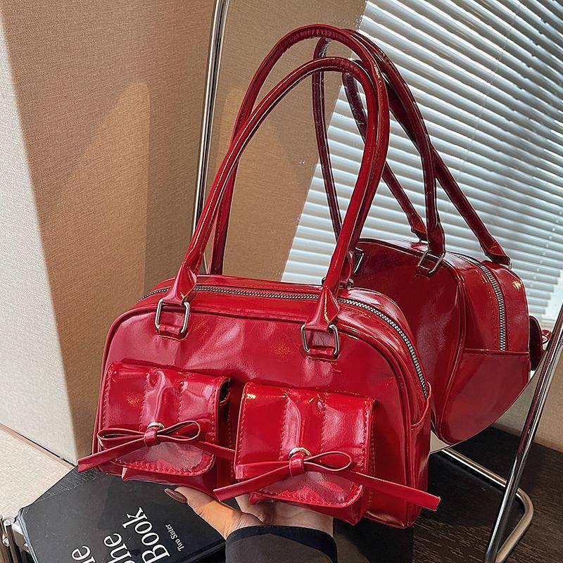 Red Bow Bag 2025 Fashion Handbag All-Match Shoulder Bowling Pillow Bag 1cA1