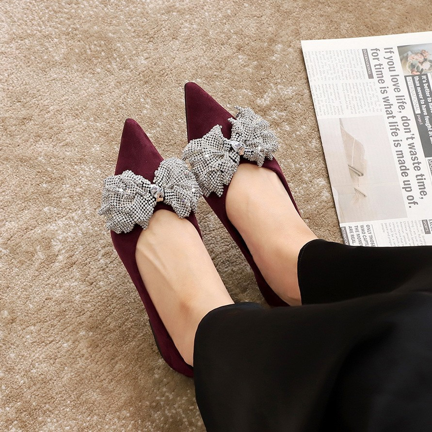 BIGTREE Women's Flat Ballet Shoes Korean Fashion Bow Velvet Comfortable Rhinestone Shoes Women's Sho