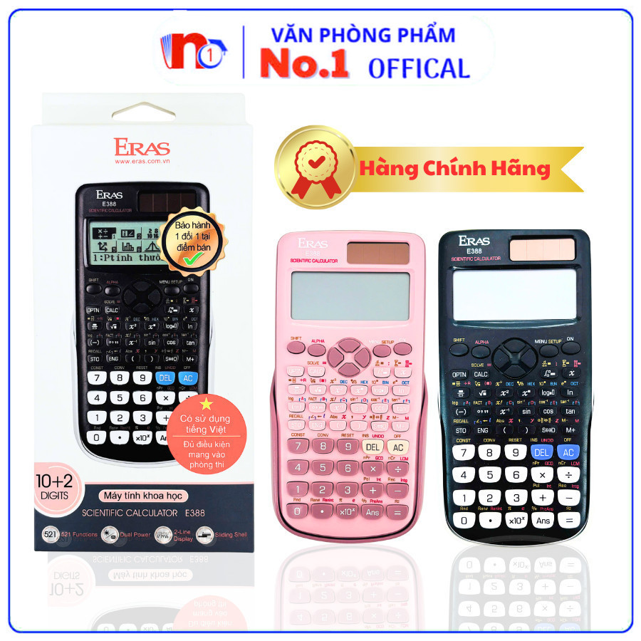 Máy Tính Khoa Học 521 Chức Năng E388 Chính Hãng Hiệu Eras, Tích Hợp 2 Nguồn (Pin + Mặt Trời), Vỏ Nắp