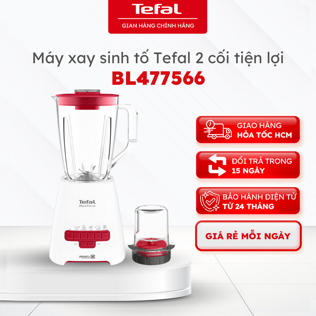 Máy xay sinh tố Tefal BL477566, 1.25L - Dao 6 cánh, xay đá nhuyễn, 2 cối, 5 chế độ| BH 24 tháng