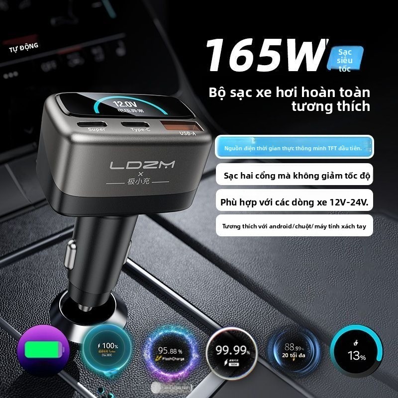 LDZM Mới Sạc Xe Hơi 165W Màn Hình Nguồn Sạc Xe Hơi Bật Lửa Thuốc Lá Thích Hợp Cho Huawei OP Xiaomi V
