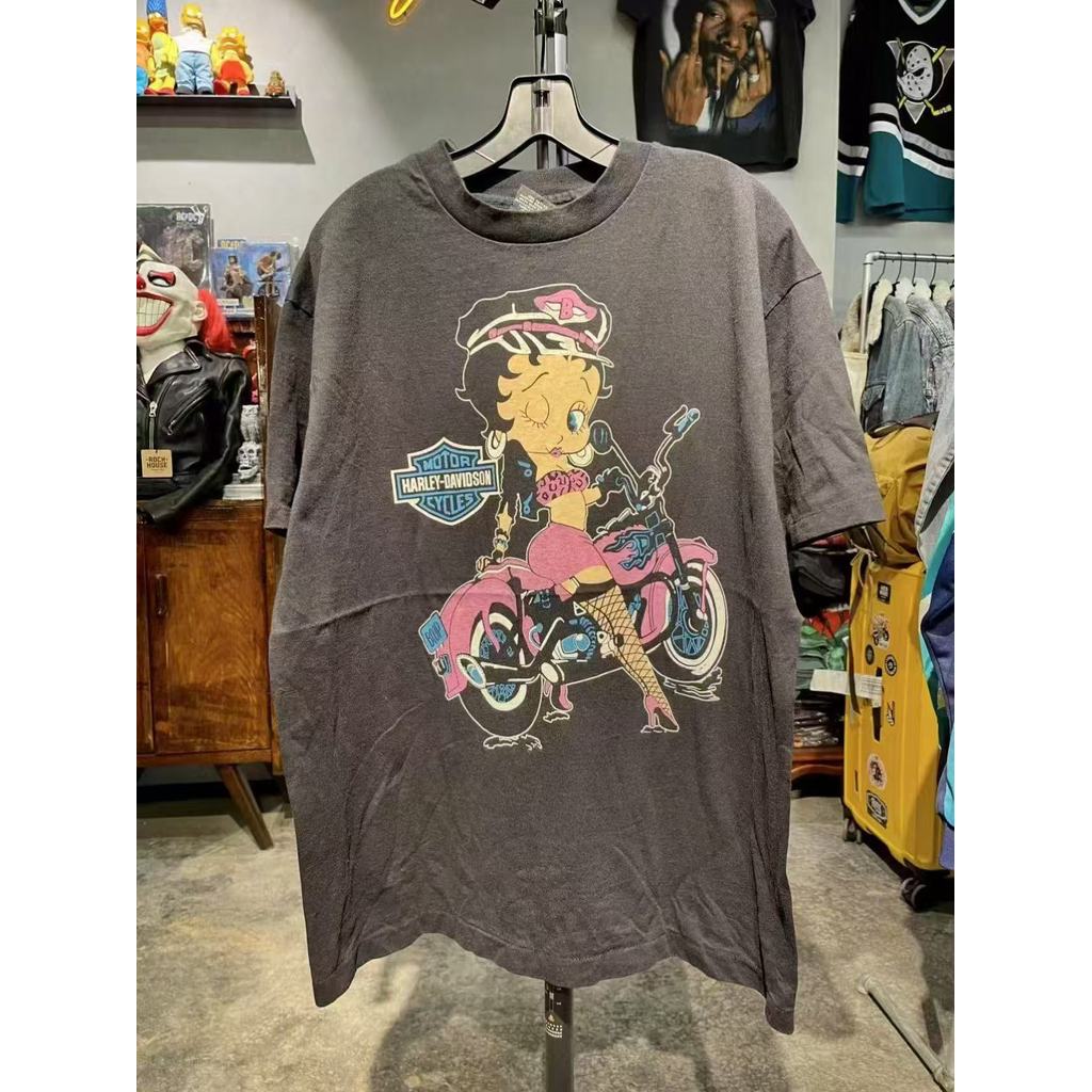 A7IV BETTY BOOP MOTOR 90s VintageTee Betty Riding Harley Printed Retro Short Sleeve T Shirt