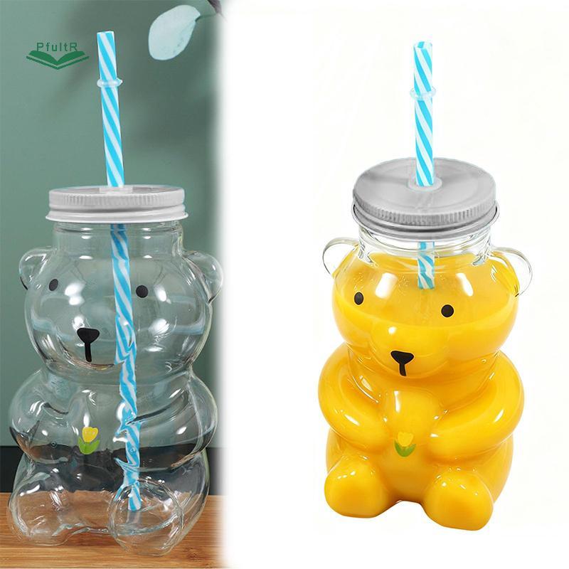 Cốc Gấu PfultR, Cốc Rơm Gấu Mật Ong Nhựa, Cốc Nhựa Có Nắp Và Ống Hút, Cốc Dễ Thương Gấu Sippy Cốc Cà