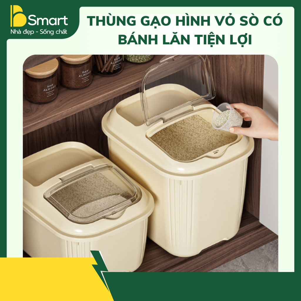 Thùng Đựng Gạo Hình Vỏ Sò Dung Tích 10/20kg Chất Liệu Nhựa Cao Cấp, Chống Côn Trùng, Có Bánh Xe