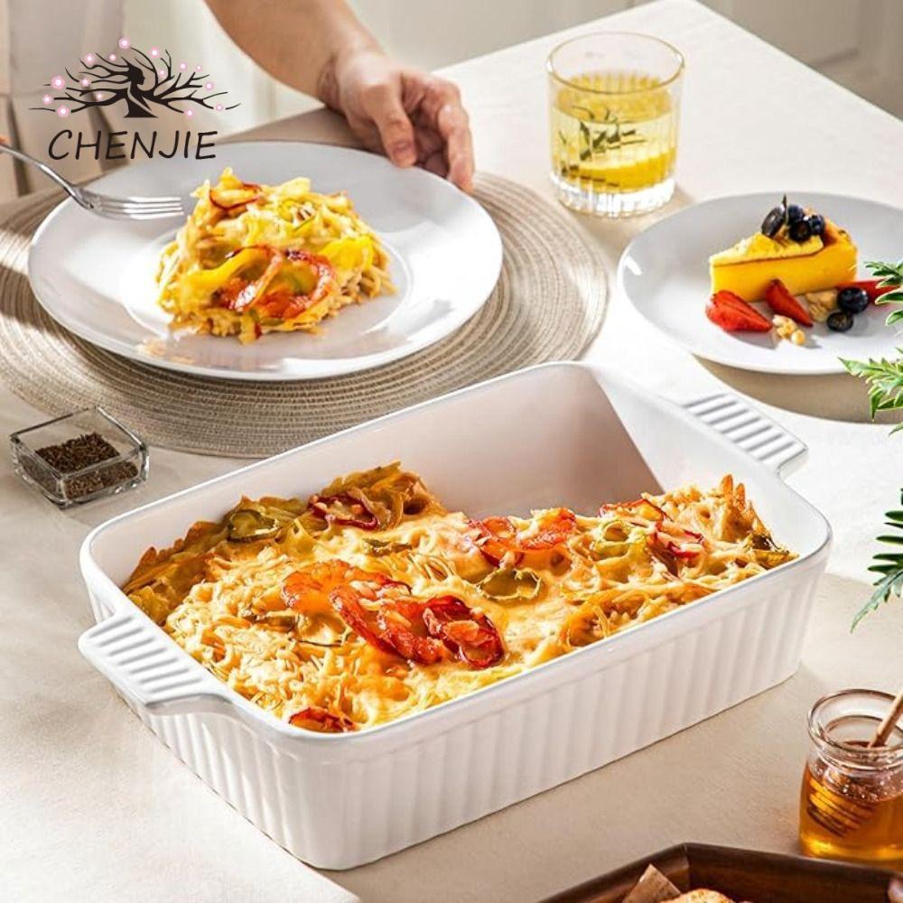 Đĩa nướng HENJIE, Khay nướng gốm sứ sâu hình chữ nhật, họa tiết sọc bền có tay cầm Gà nướng Lasagna 