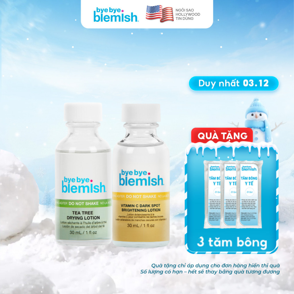 Combo Giảm Mụn Viêm và Thâm Mụn Nhanh - Chấm Mụn Tràm Trà 30ml và Chấm Vitamin C 30ml Bye Bye Blemish