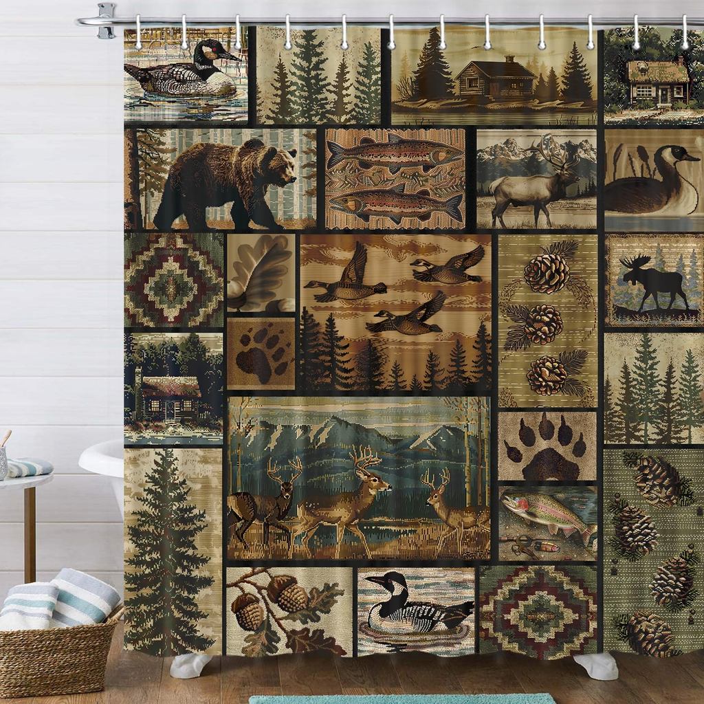 Rèm tắm Rustic Bear Lodge, Cabin Retro Bear Moose Lodge Vintage Farmhouse Bộ rèm tắm, Vịt hoang dã F