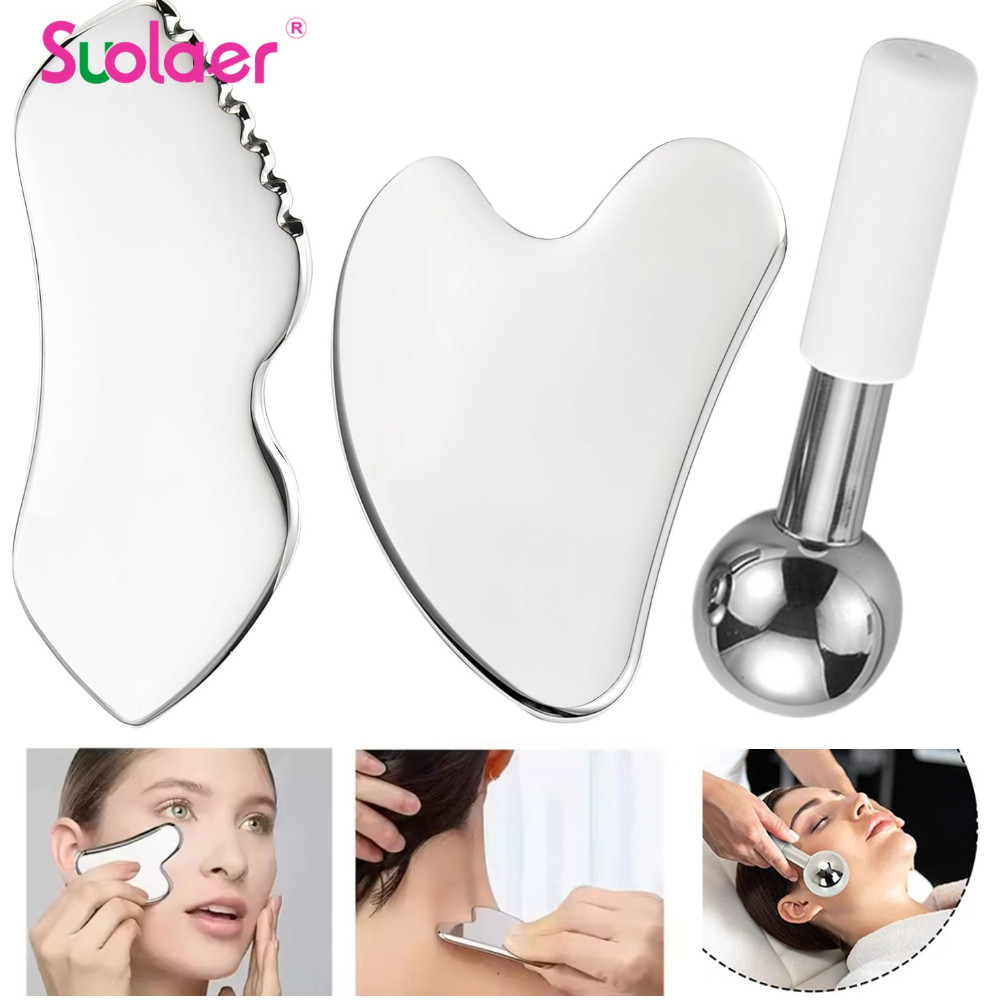 Suolaer 3 Dụng cụ chăm sóc da mặt GuaSha bằng thép không gỉ & Quả cầu đá Que kim loại GuaSha cho cơ 