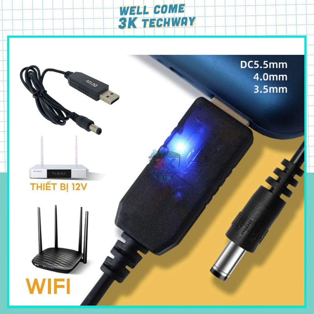 Cáp usb 5v lên 12v dùng cho wifi, camera dòng 1A chân 5.5x2.1mm có đèn báo
