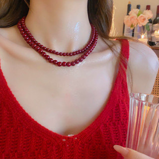 Vòng cổ hạt thủy tinh màu đỏ, thiết kế thời trang cho nữ, trang sức Tết sang trọng