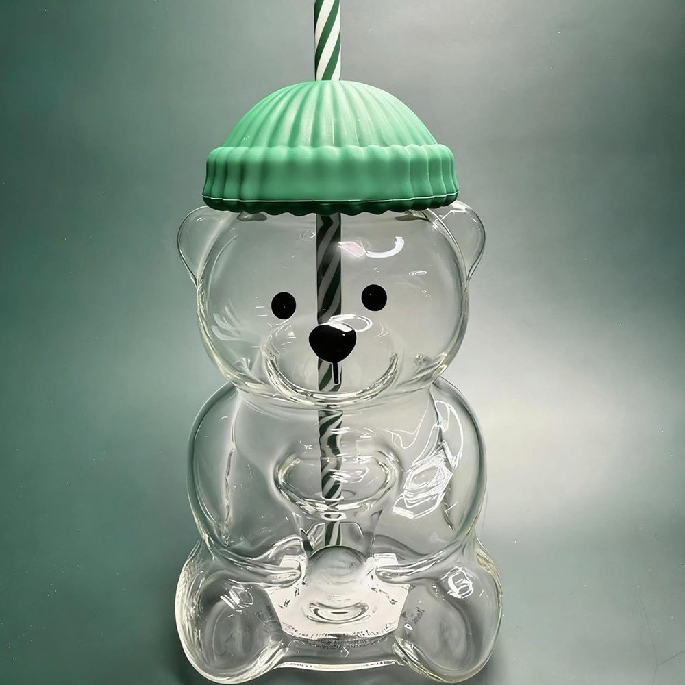 Hot-selling Glass Bear Cup Glass Cup Coffee Cold Drink Cup Creative Cartoon Straw Cup 20oz