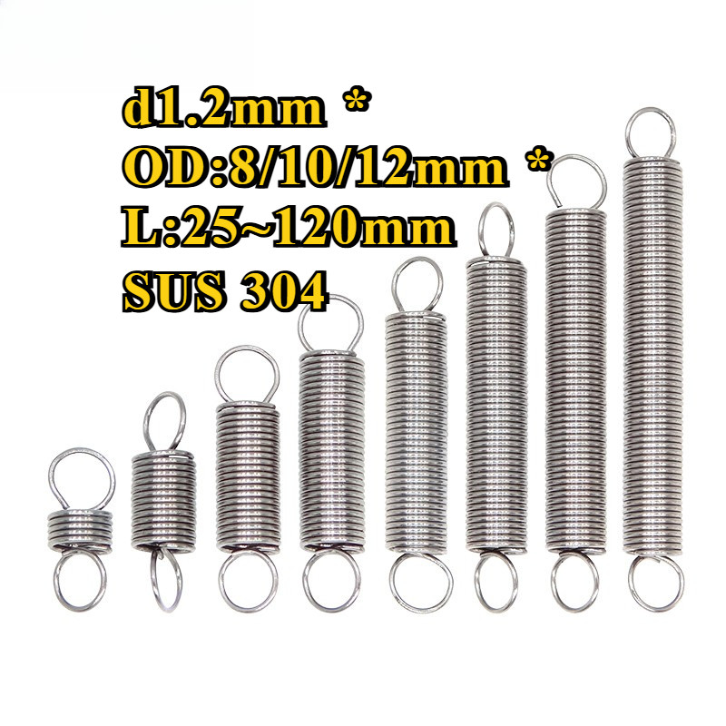 Lò xo căng thẳng inox 304 d = 1.2mm, OD8 / 10 / 12mm, L = 25 ~ 120mm lò xo căng thẳng có móc, áp dụn