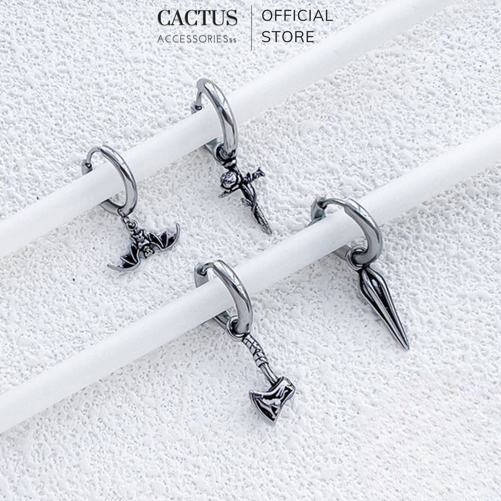 Khuyên Tai Nam Thép Titan Không Gỉ Cactus Accessories, Họa Tiết Hình Nón, Cánh Dơi, Hoa Hồng