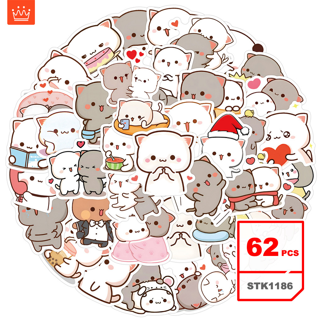 Bộ Hình Dán Mochi Cat Phim Hoạt Hình Ghi Định Tự Dán Graffiti Chống Nước Cho Trẻ Em, 62 Cái