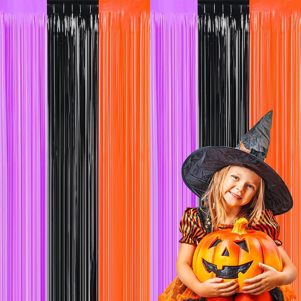 FOIMAS 3 Gói Halloween Tinsel Foil Fringe Rèm, 3.3x6.6ft Đen Cam Tím Tinsel Fringe Streamers Photo B