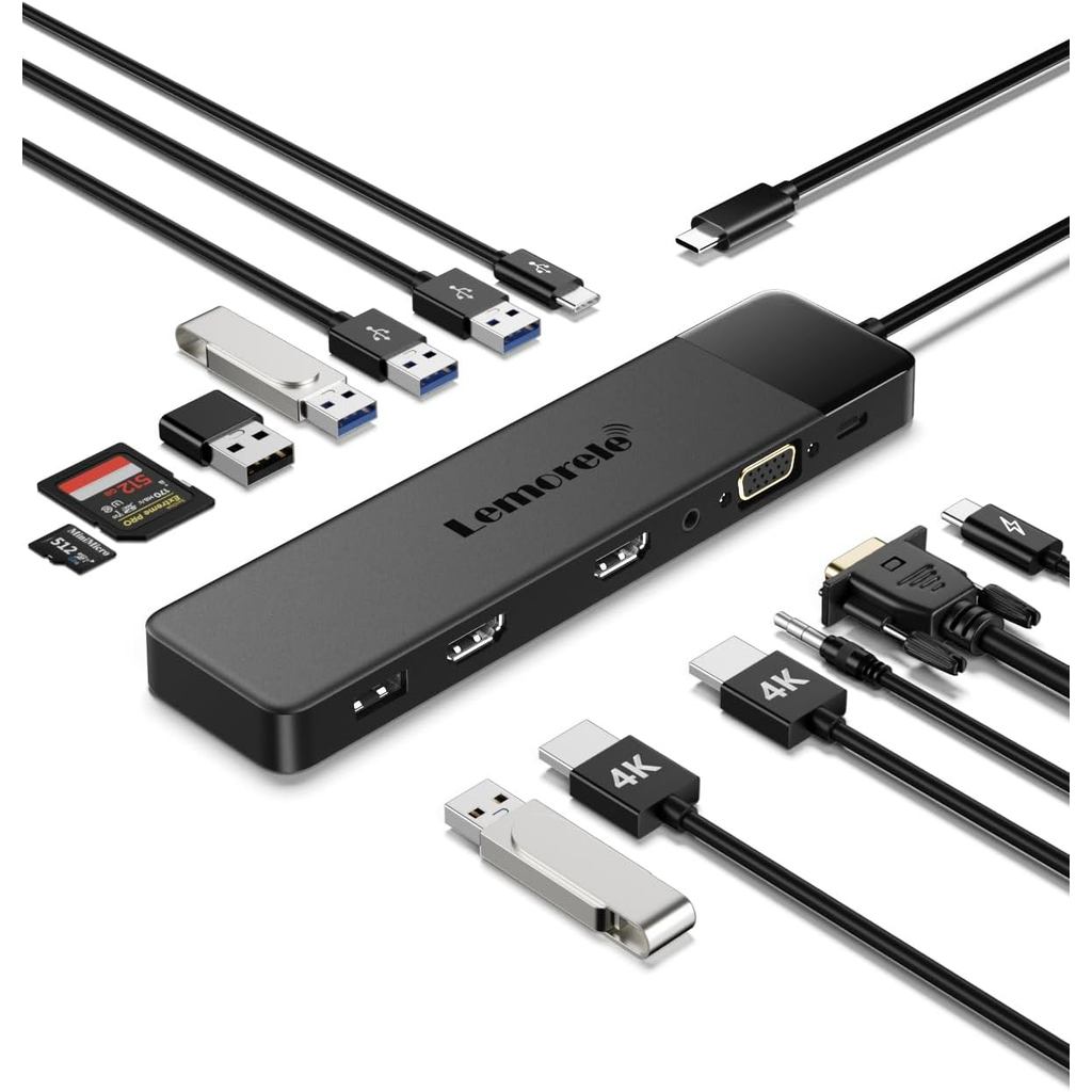 Lemorele 13 trong 1 USB C Docking Station Triple Monitor w / Dual HDMI 4K, VGA, 5 USB 3.0 / 2.0, USB