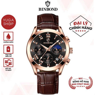  Đồng Hồ Nam Dây Da Chạy 6 Kim BINBOND I21 Kính Vòm Số La Mã Và Có Dạ Quang 