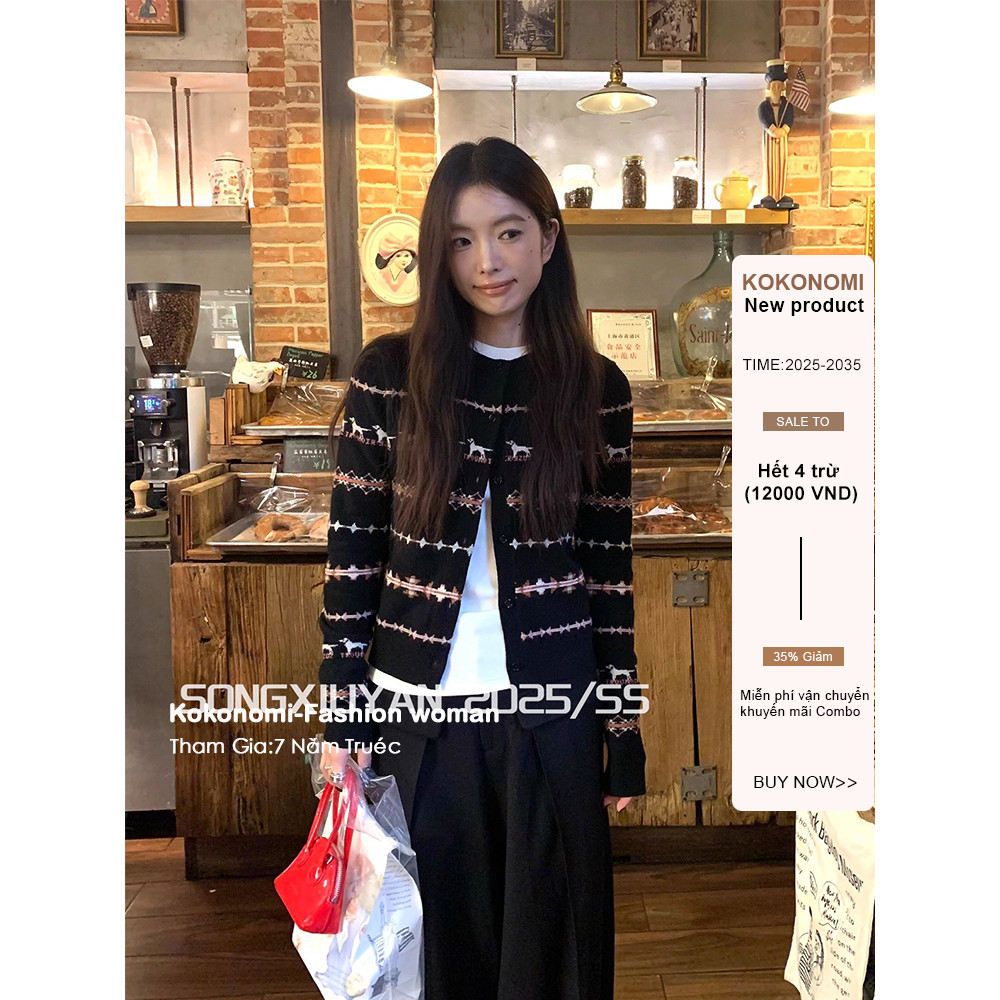 KOKONOMI Áo len Puppy Jacquard ngắn, phong cách Hàn Quốc