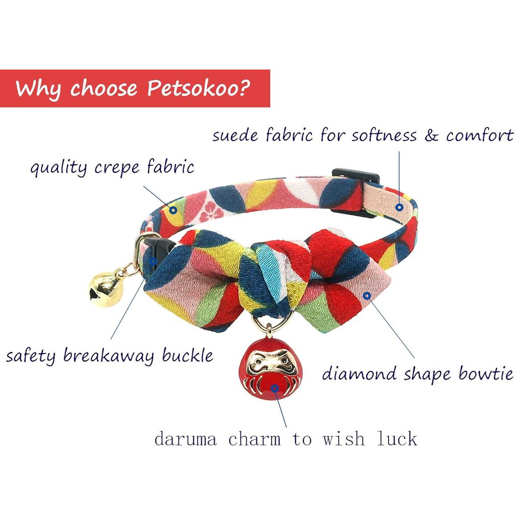 PetSoKoo Vòng cổ mèo nơ hình kim cương có chuông. Nhật Bản Lucky Daruma Charm và vải Crepe in áo kho