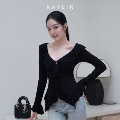 Áo kiểu KAYLIN tay dài phối viền tua rua chất vải thun co gian phong cách - N2415