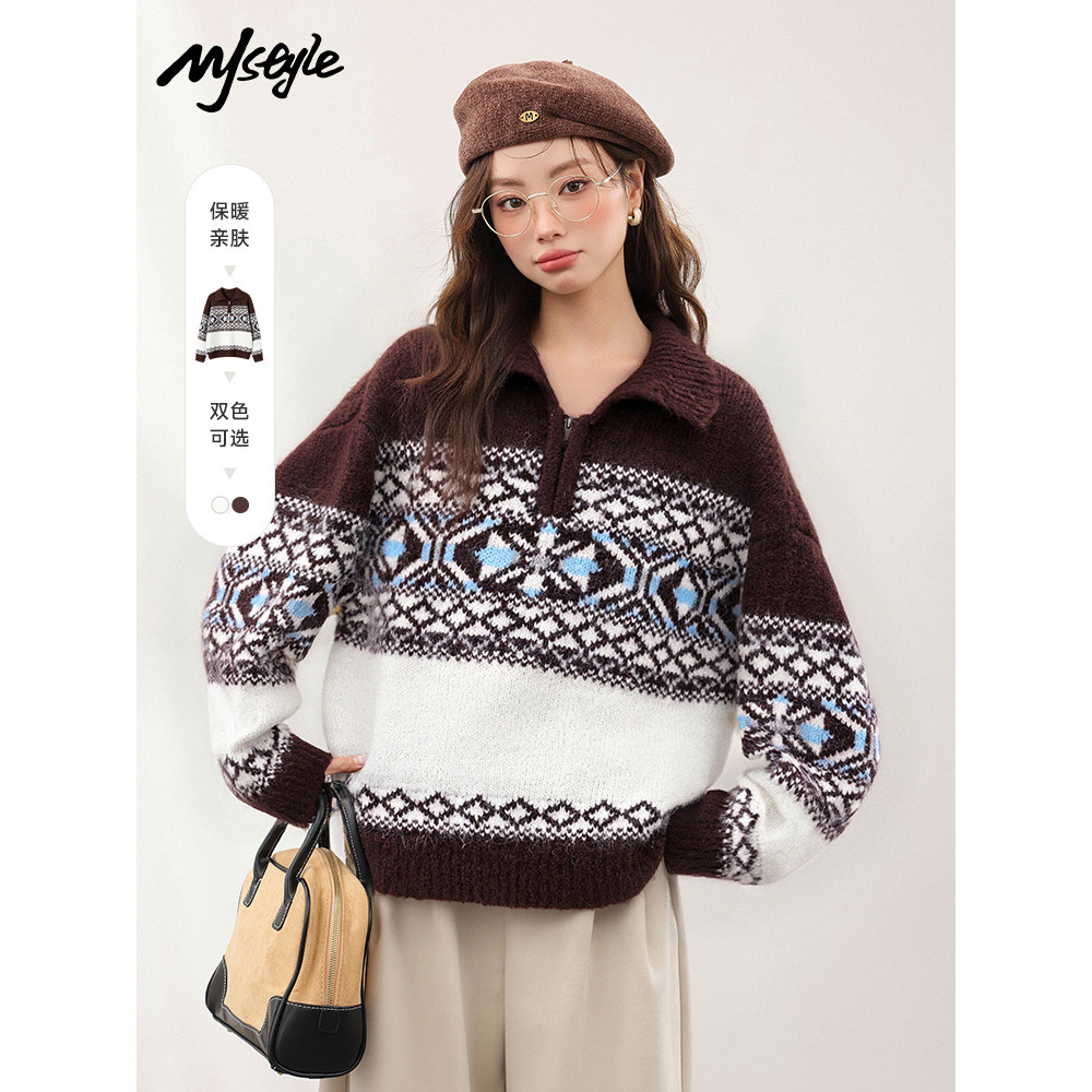 MJstyle Áo Len Nữ Thu Đông, Nửa Cổ Rùa, Chất Liệu Jacquard, Thiết Kế Ôm Body