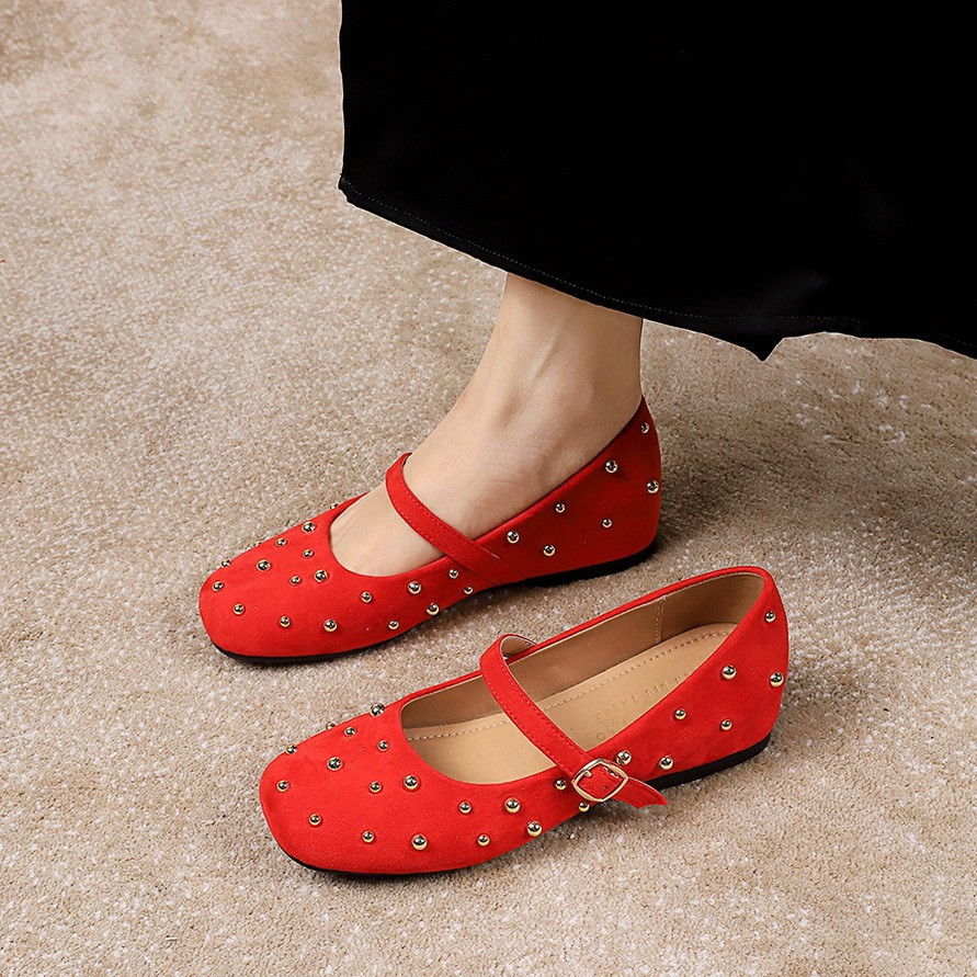 BIGTREE Women's Flat Ballet Shoes French Round Toe Shoes with Studs Fashion Mary Jane Shoes One-Stra