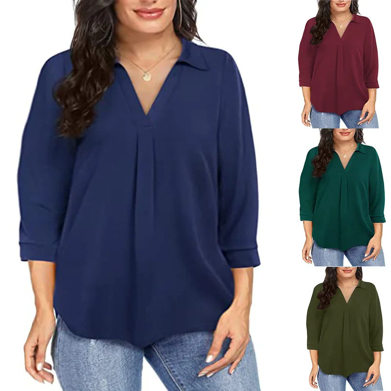 Áo sơ mi voan nữ cổ chữ V, dáng rộng plus size 1XL-5XL