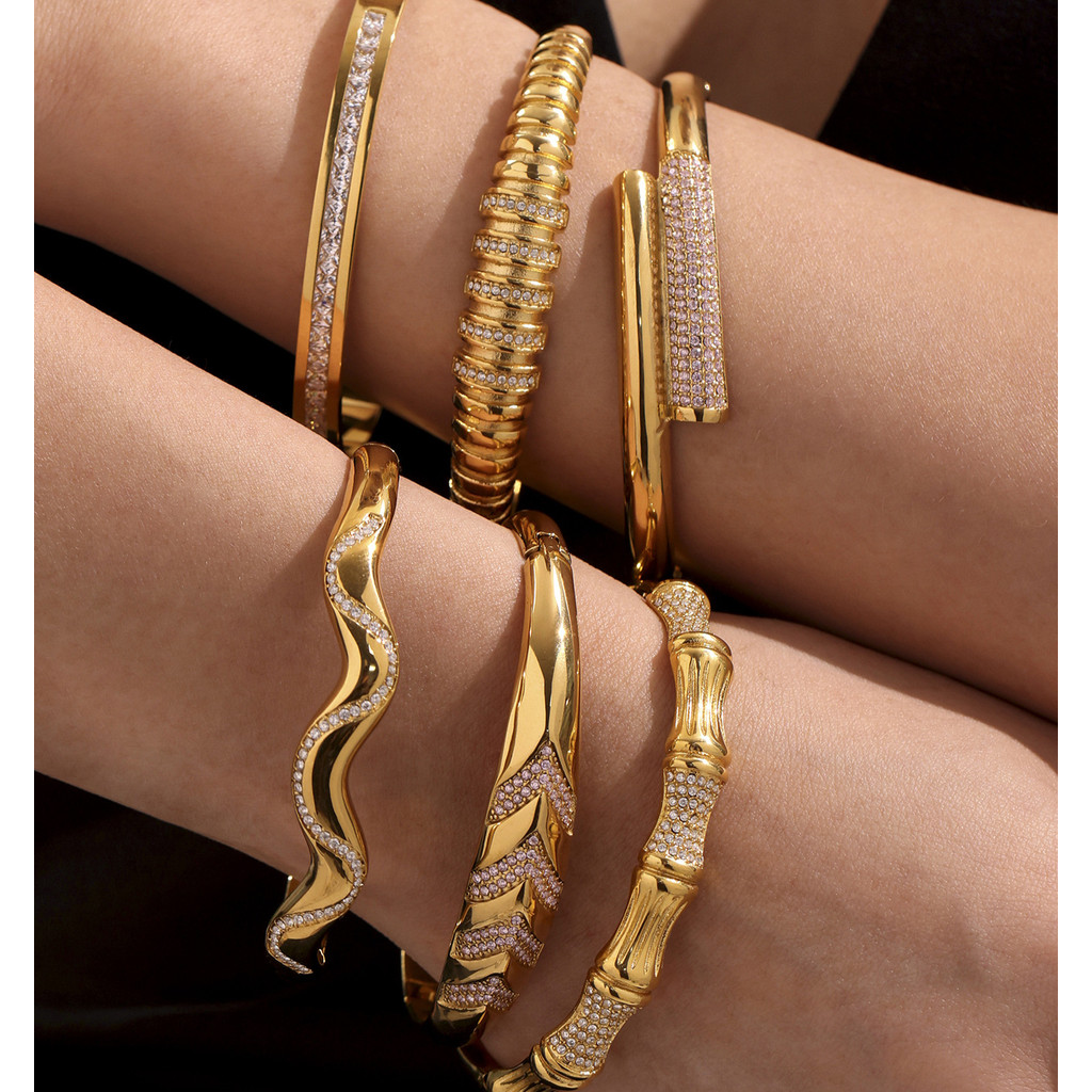 Geometric Bamboo Zircon Bracelet Stainless Steel 18K Gold Plated Fashion Versatile Personality Tempe
