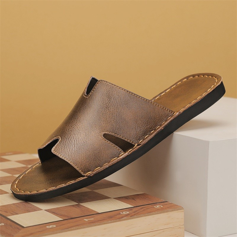 Men's Flat Slippers Large Size Fashion Korean Style Non-Slip Wear-Resistant Outdoor Genuine Leather 