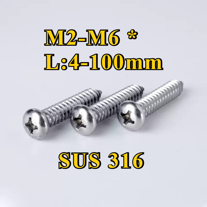 Ốc Vít Đầu Tròn Nhỏ Màu inox 316 Tự Cắt Chuyên Dụng M2-M6 * L4-100mm[NBL]