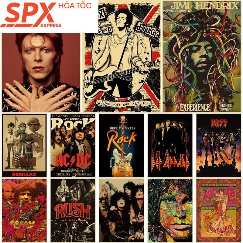 Poster tranh decal dán tường A4 Rock Band Poster Retro Kraft Paper Singer Prints Pictures for Home D