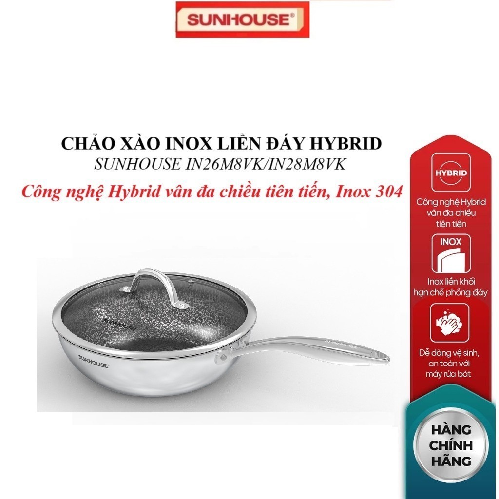 Chảo xào inox liền đáy Hybrid Sunhouse IN26M8VK/N28M8VK, Công nghệ Hybrid vân đa chiều tiên tiến, In