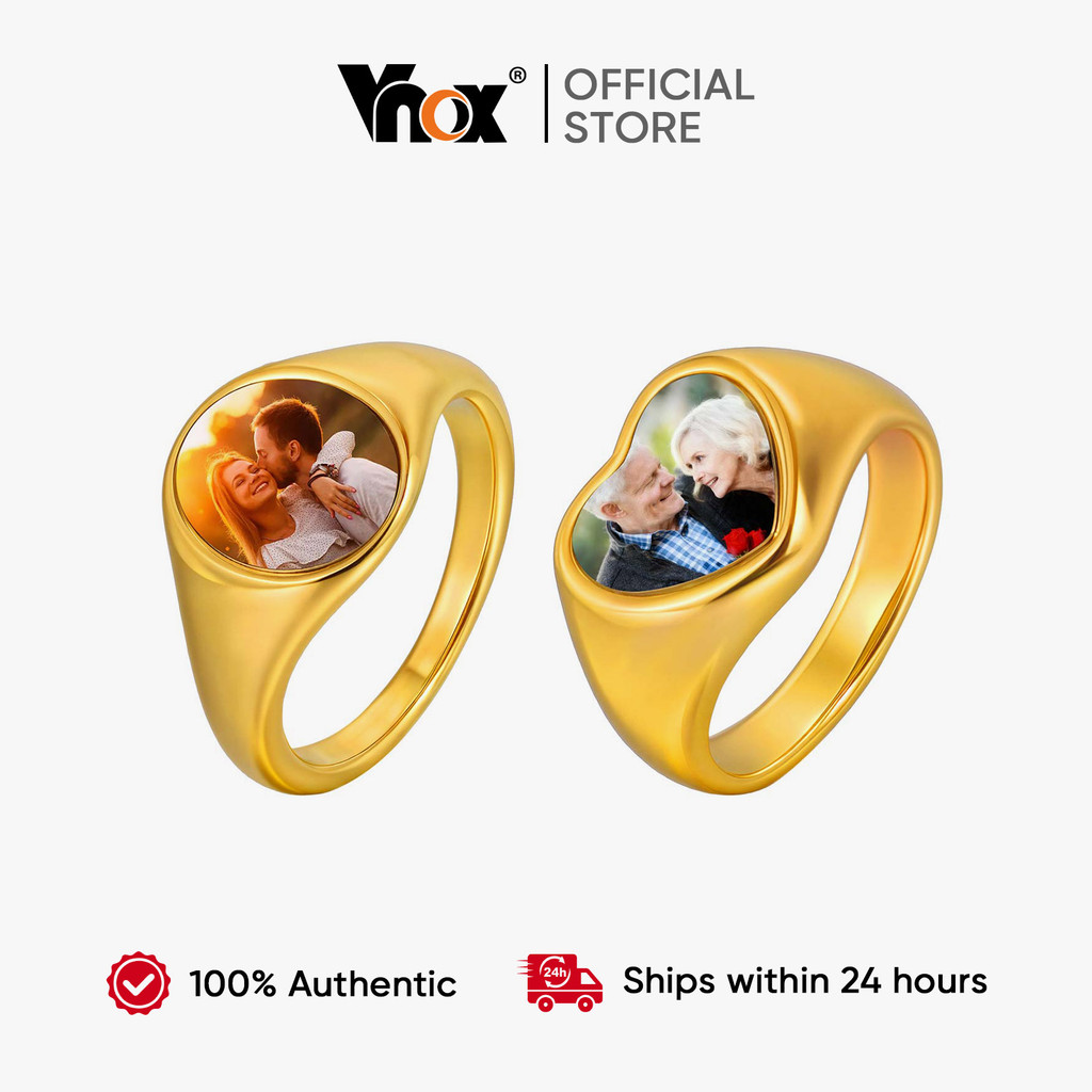 Vnox Custom Personalized Photo Signet Ring Stainless Steel Engagement Memory Jewelry for Women Girl