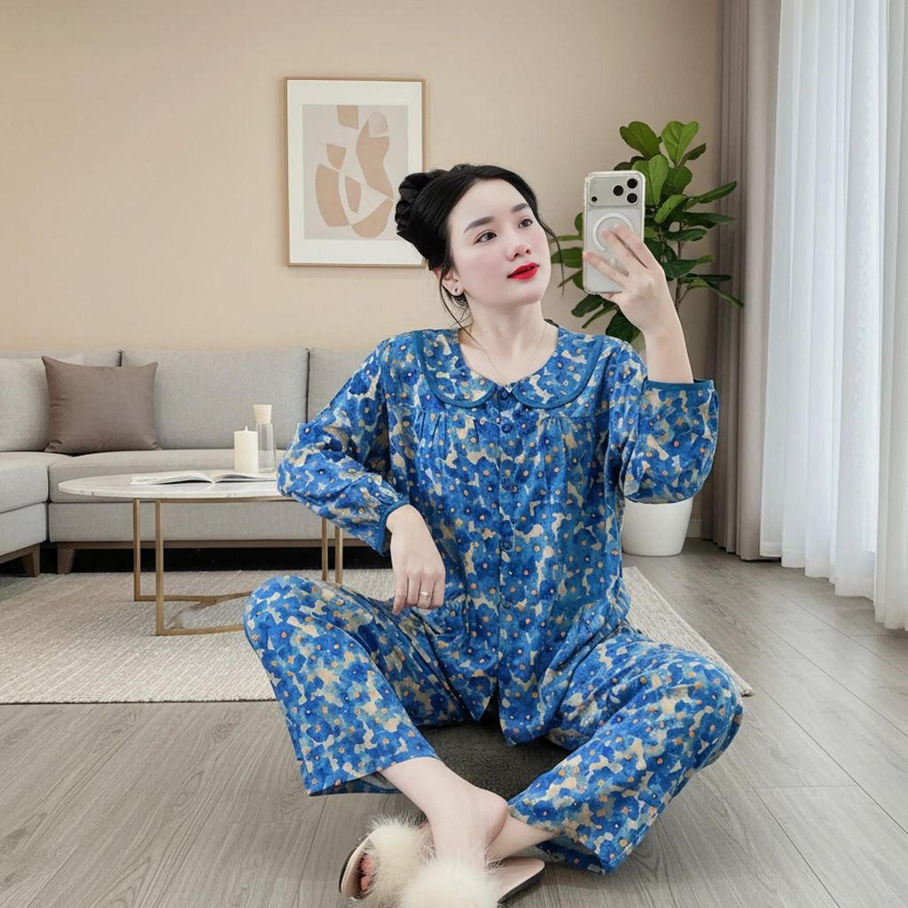 Bộ Tôn Lạnh Cổ Lá Sen Tay Dài Phối Viền Tinh Tế