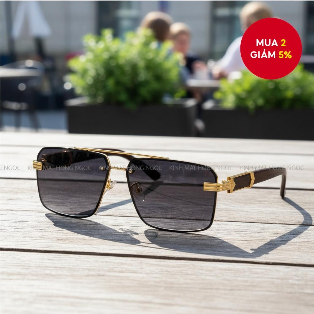 Kính râm nửa gọng vuông cổ điển unisex - Tròng kính chống tia UV, gọng vân gỗ nhẹ, phù hợp đeo ngoài