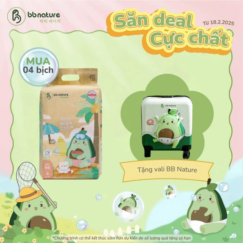 [Tặng Vali BB Nature] Combo 04 bịch Tã Bỉm BB Nature Care Plus tinh chất nha đam