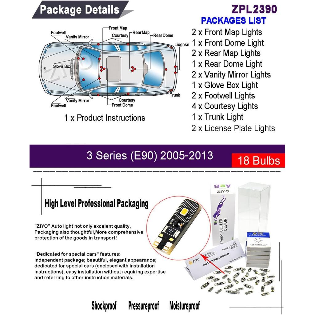 Bộ đèn nội thất LED ZIYO Thay thế cho BMW E90 E91 E92 E93 3 Series 2005-2013, Bóng đèn LED vòm màu t