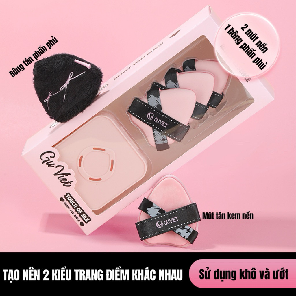 [Võ Hà Linh x GUVIET] Bộ 3 bông mút trang điểm GUVIET màu hồng đen kèm trứng giặt cọ 200gr