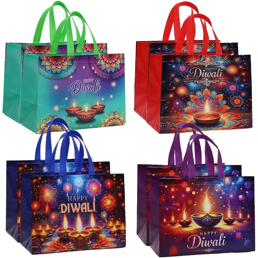 Colodeol 8 Chiếc Túi Quà Diwali Cực Lớn, Túi Tote Diwali Hạnh Phúc Có Tay Cầm Túi Xử Lý Không Dệt Số