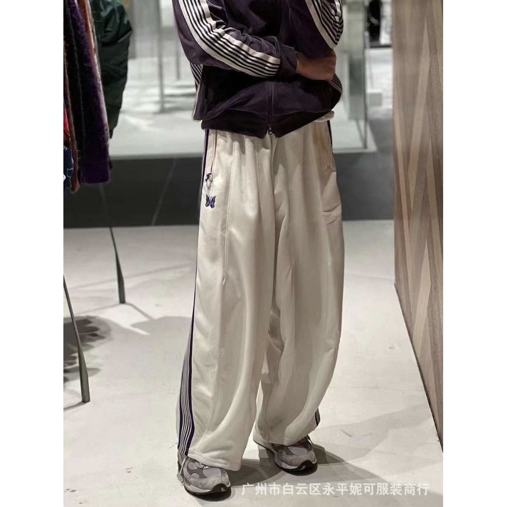3NR4 Needles track HD pants Embroidered Wide-Leg Pants White Loose Fit Sports Trousers