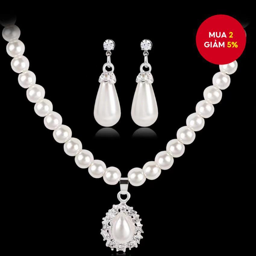 Bông Tai Vòng Cổ Ngọc Trai Thời Trang Bộ Hai Mảnh Giọt Nước Kim Cương Cô Dâu Bộ Trang Sức Hợp Thời Trang