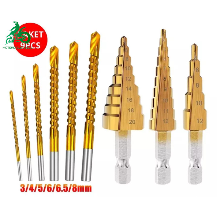 Bộ 9 mũi khoan Pagoda mới cho thép xoắn ốc HSS thép phủ titan mũi khoan Pagoda hình nón sắt máy khoa
