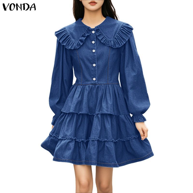 VONDA Đầm dài phong cách Hàn Quốc cổ Peter Pan nhiều lớp, chất liệu giả denim
