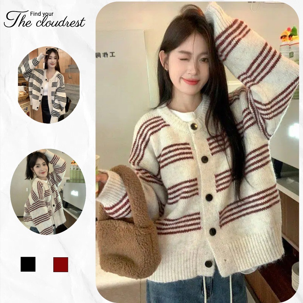 Áo Khoác Cardigan Dệt Kim Phong Cách Hàn Quốc Thu Đông Nữ Thời Trang Mới Dày Dặn Ấm Áp Áo Len Sọc