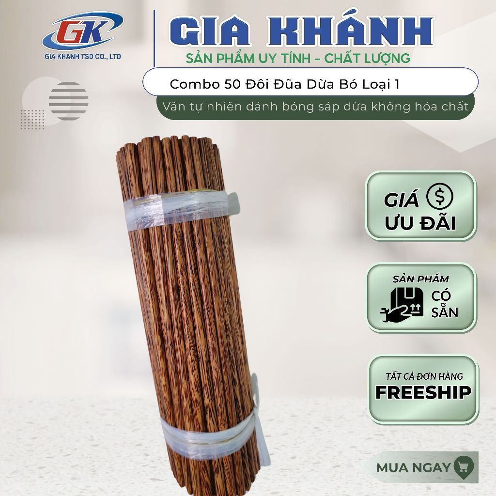 đũa, đũa gỗ, đũa dừa, đũa ăn cơm, combo 50 đôi đũa dừa loại 1-Gia Khánh-Hàng Việt Nam Chất Lượng Cao