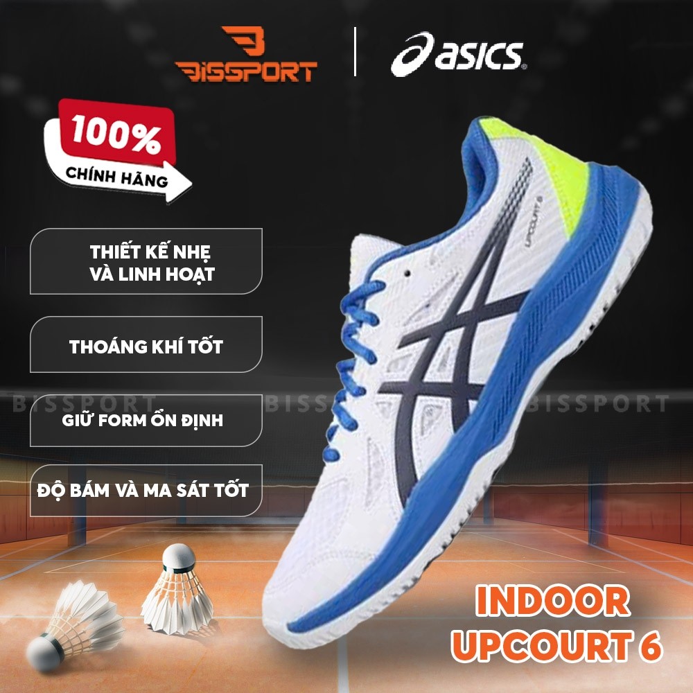 Giày Bóng Bàn/Cầu Lông Asics Upcourt 6 Trắng Xanh Dương Chính Hãng - Bền Bỉ - Nhẹ - Êm - Thoáng Khí 