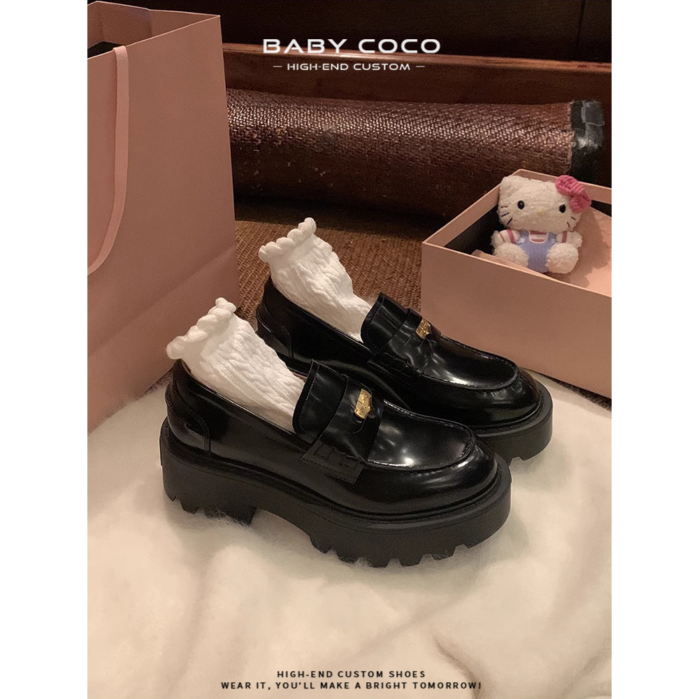 Phiên Bản Da Bò ~ 5cm Cao Gót Dày Đế Dày Nhỏ Nữ Anh Nhỏ Đen Giày Da Nhỏ Giày Dày Gót