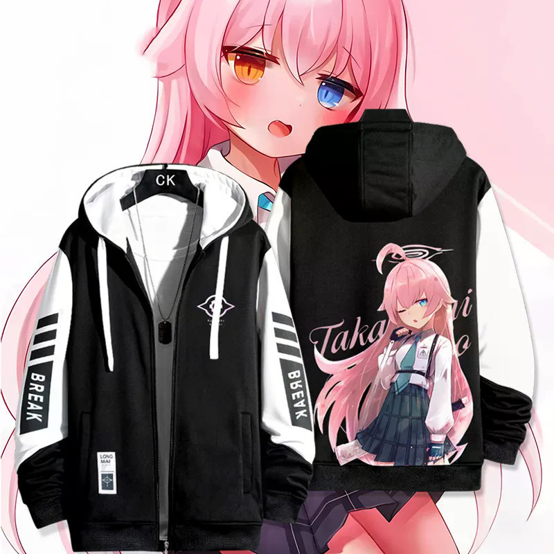 Blue Archive q phiên bản in hoạt hình Áo Hoodie nam nữ phong cách Harajuku Dạo phố Hip Hop Dây kéo c