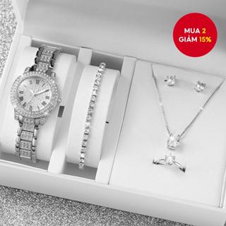 6 Chiếc Sang Trọng Nữ Thép Bạc Đồng Hồ Thạch Anh Bộ Trang Sức Kim Cương Giả Giọng Lấp Lánh Không Hộp